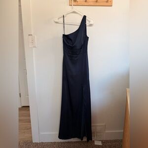 Birds Grey Kira Matte Satin Dress in navy blue